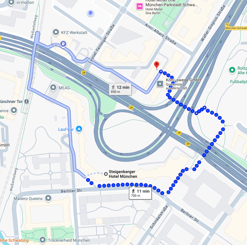 Walking route from hotel to Design Offices